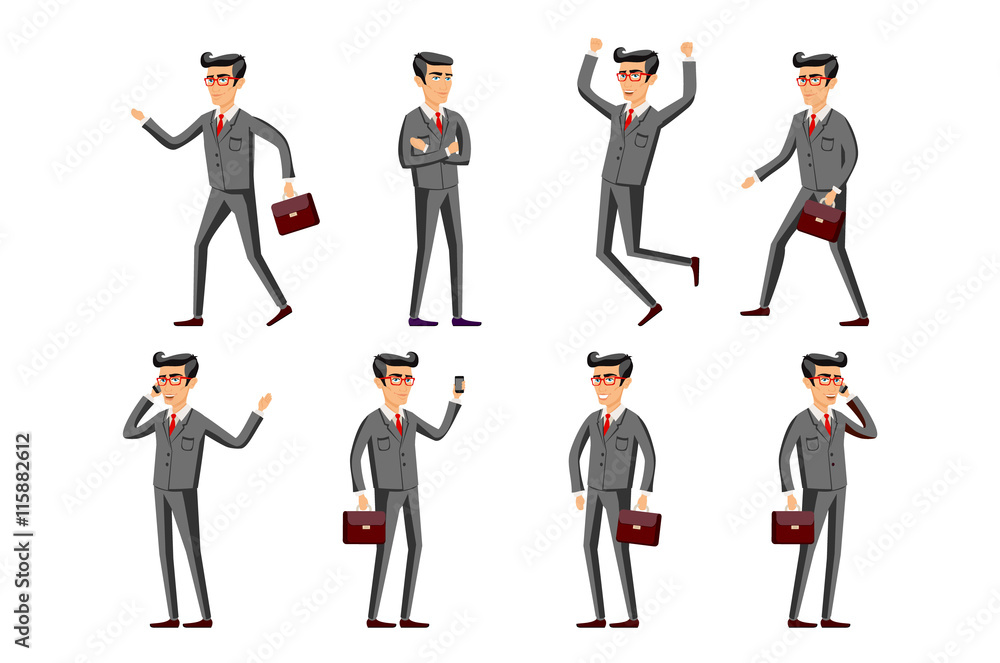 businessman in a gray suit set. Collection of business people illustrations in different poses vector businessman in a gray suit set. Collection of business people illustrations in different poses vector