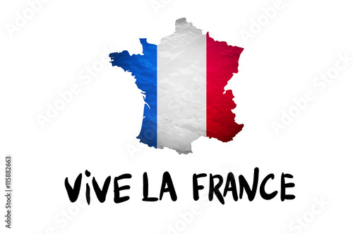 Vive la France message and national French Republic flag overlaid on detailed outline map isolated on white background vector