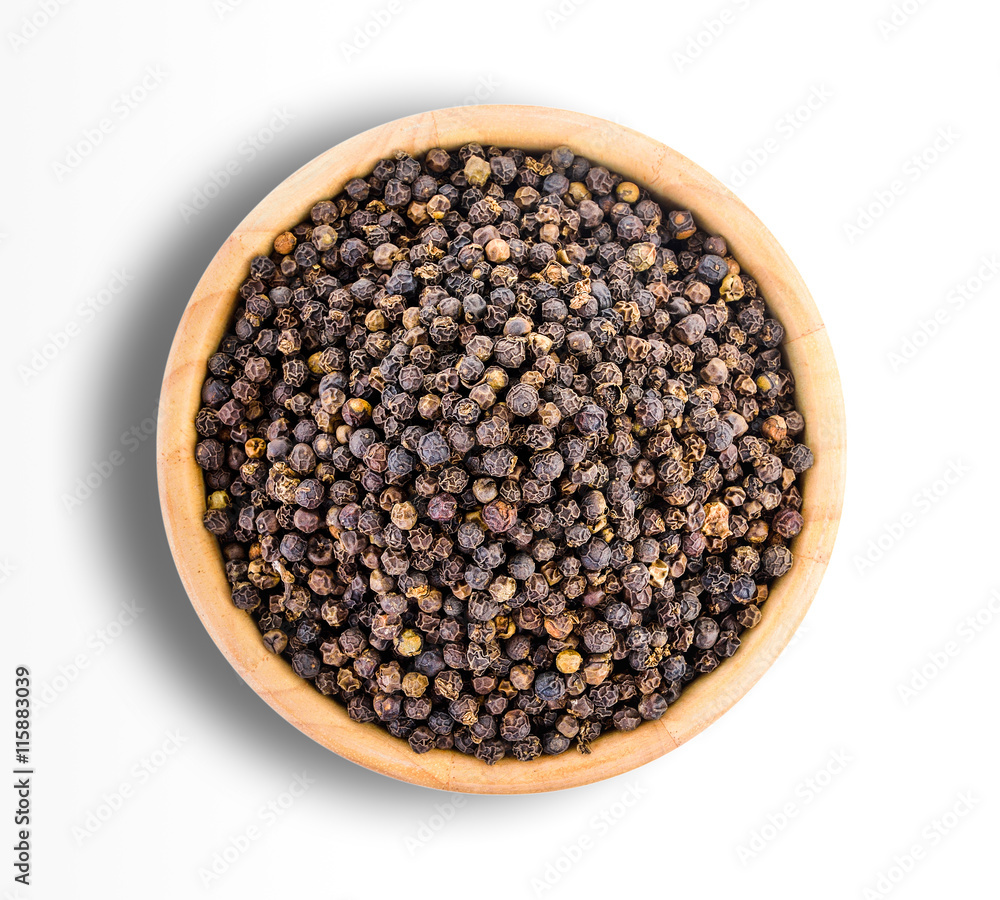 peppercorn in wood bowl isolated on white background peppercorn in wood bowl isolated on white background