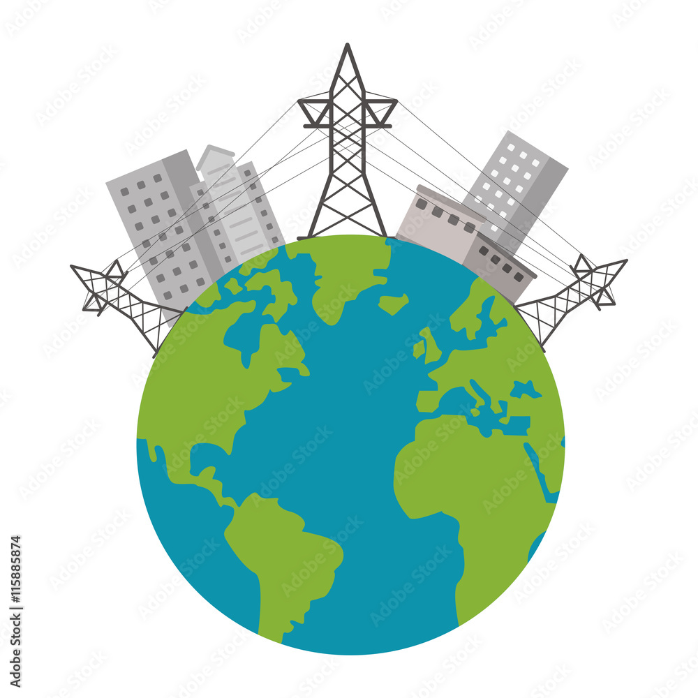 flat design earth globe with buildings and electricity towers icon vector illustration flat design earth globe with buildings and electricity towers icon vector illustration