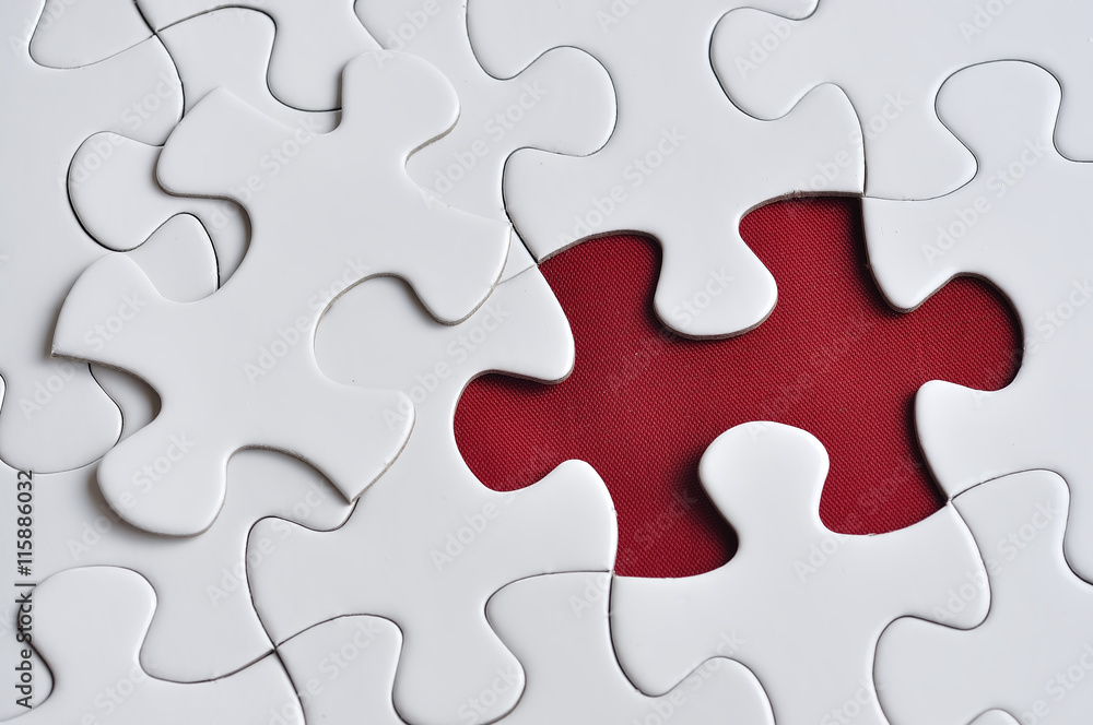 Close Up Of Missing Puzzle On Red Background, Selective Focus Close Up Of Missing Puzzle On Red Background, Selective Focus