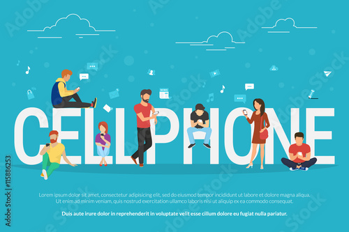 Cellphone concept illustration of young people using smartphones for social networking and websites usage. Flat design of guys and young women standing near big letters with social media symbols