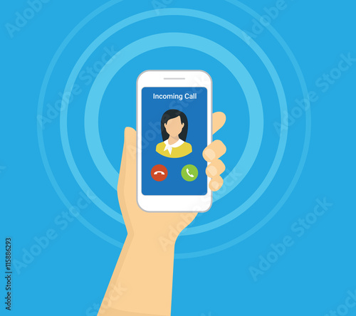 Incoming call on smartphone screen. Flat vector illustration for calling service. Hand holds smartphone with incoming call from his girlfriend. Flat icon for banners, websites and infographics