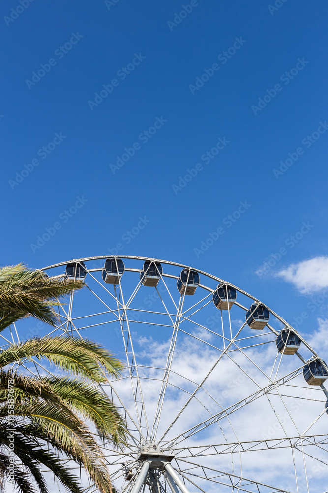 Fototapeta premium Big ferris wheel against blue sky with palm tree at park