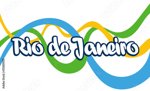 Abstract Rio de Janeiro logo, with national flag color lines, over white background. Digital vector image.