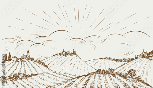 Hand drawn rural field panoramic wide landscape. Vintage vector illustration. 