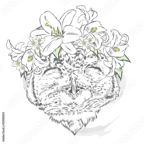 Funny owl wearing a wreath of roses and jasmine. Vector illustration for greeting card, poster, or print on clothes. Hipster. Bird clothing. Fashion & Style.