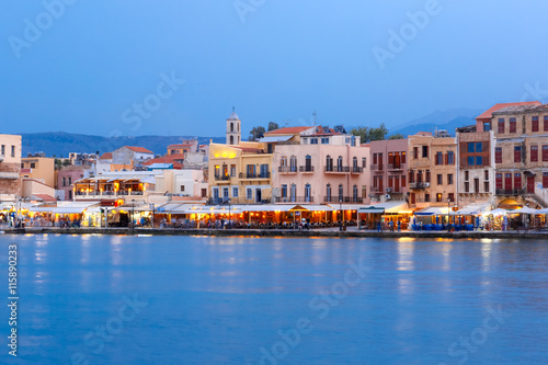 Venetian quay of Chania during twilight blue hour, Crete, Greece © Kavalenkava