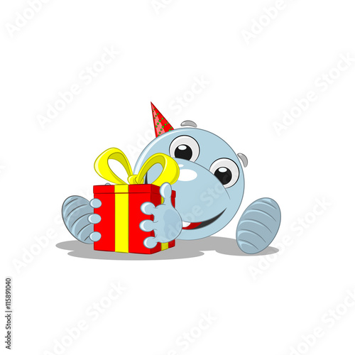 blue smiley with a gift for his birthday on white background