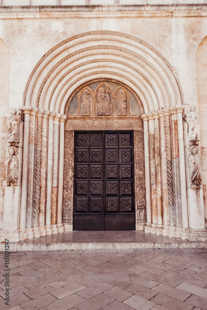 Facade and front entrance of the church of St. Anastasia in Zadar, Croatia