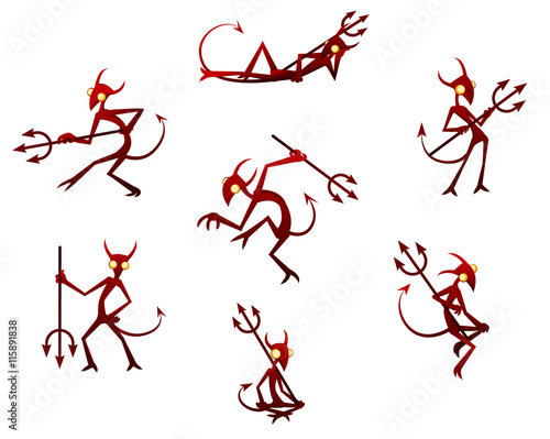 Cartoon devil character Halloween design element set, vector illustration, horizontal, isolated, over white 