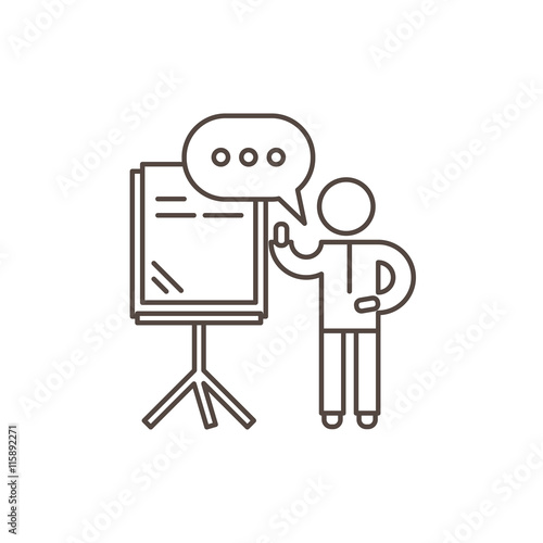 Speaker stands near the presentation board and holds seminar. Outline vector illustration.