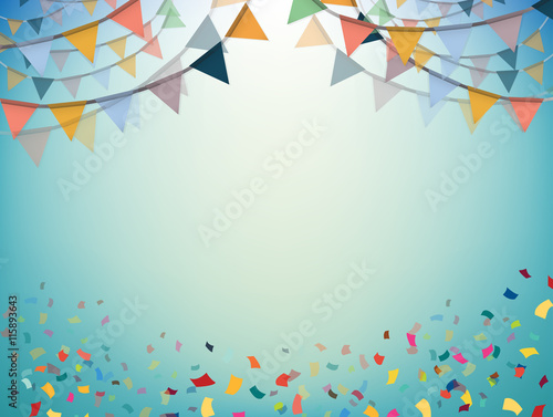 Celebrate banner. Party flags with confetti. Vector.