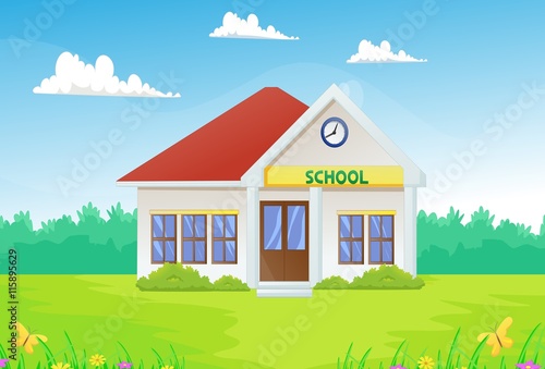 Cartoon school building with green yard