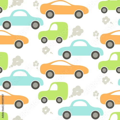 Tapety Samochód słodkie dziecko wektor wzór. Projektowanie tkanin i odzieży dla dzieci. Wzór ładny niebieski, zielony i pomarańczowy.