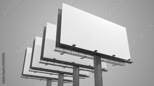 Many blank white billboards on gray background. 3D rendered illustration.