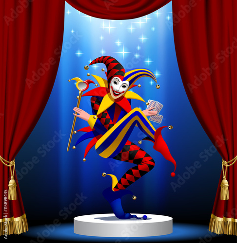 Joker with playing cards and mirror in blue light