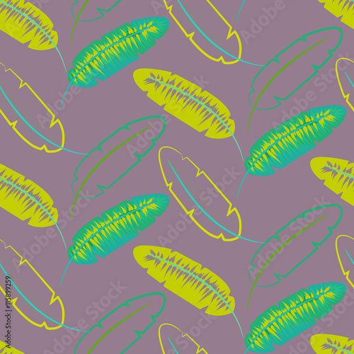 Fototapeta Green banana palm leaves seamless vector pattern on purple background