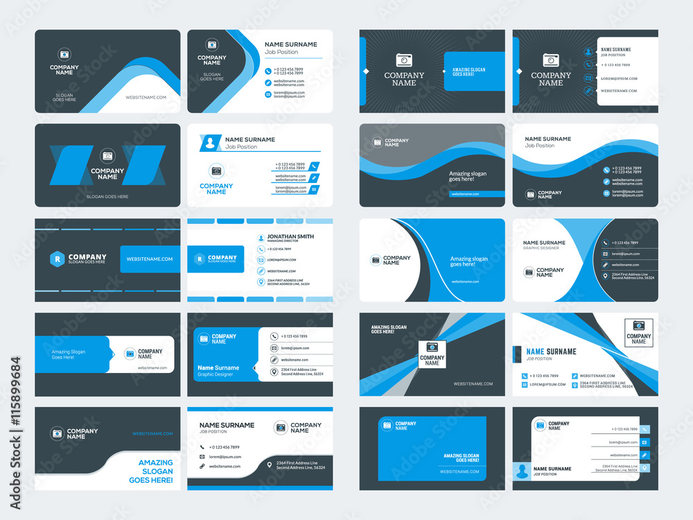 Set of modern creative business card templates. Blue and black colors. Flat style vector illustration. Stationery design