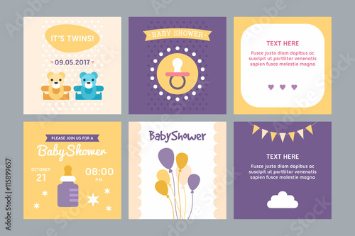 A set of templates for baby shower invitation and post card. Colored flat vector illustration.