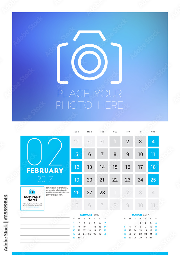 Wall calendar planner print template for 2017 year. February 2017. Calendar poster with place for photo. 3 Months on page. Week starts Sunday Wall calendar planner print template for 2017 year. February 2017. Calendar poster with place for photo. 3 Months on page. Week starts Sunday
