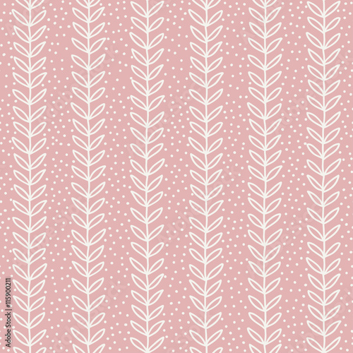 Simple leaf seamless pattern. Hand drawn pink background. Cute wallpaper. Vector illustration.