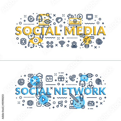 Social Media nad Social Network headings  titles. Horizontal colored flat vector illustration.