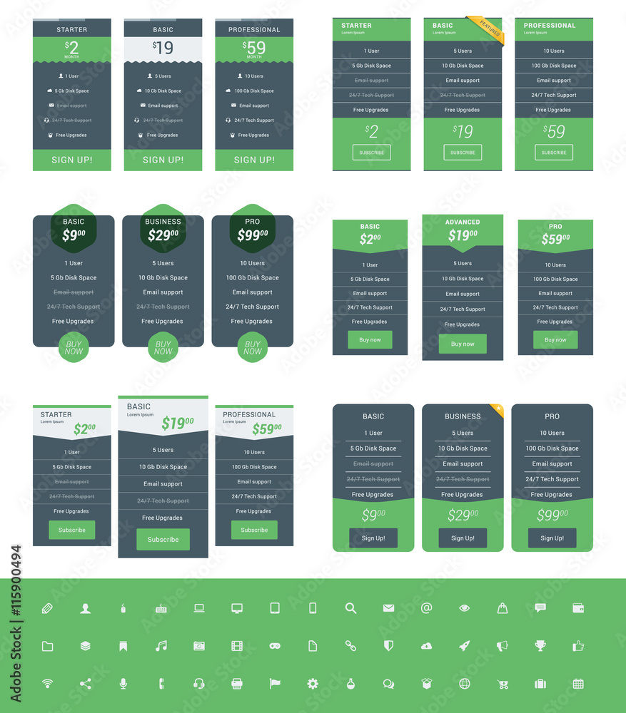 Set of Pricing Table Design Templates for Websites and Applications ...