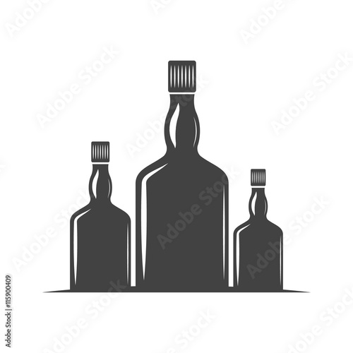 Three bottles for whiskey with screw cap. Black icon, logo element, flat vector illustration isolated on white background.
