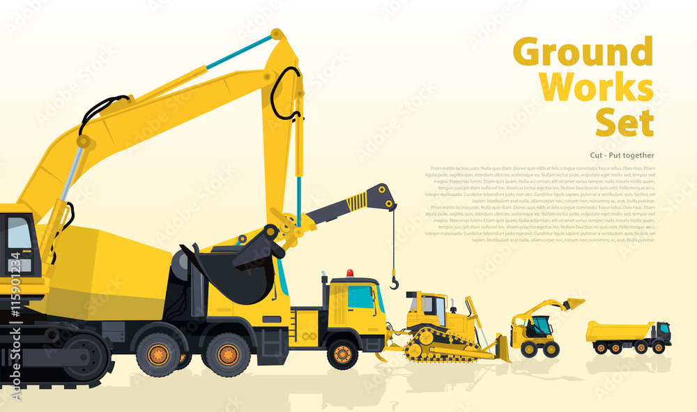 Yellow set of construction machinery machines vehicles, excavator. Construction equipment for building. Truck, Digger, Crane, Bagger, Mix, master vector illustration, nice ground works typography page Yellow set of construction machinery machines vehicles, excavator. Construction equipment for building. Truck, Digger, Crane, Bagger, Mix, master vector illustration, nice ground works typography page