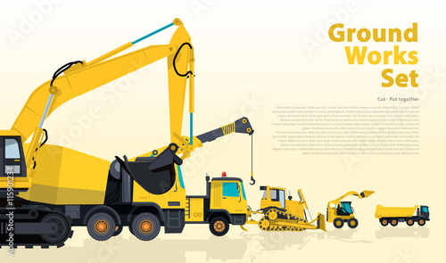 Yellow set of construction machinery machines vehicles, excavator. Construction equipment for building. Truck, Digger, Crane, Bagger, Mix, master vector illustration, nice ground works typography page