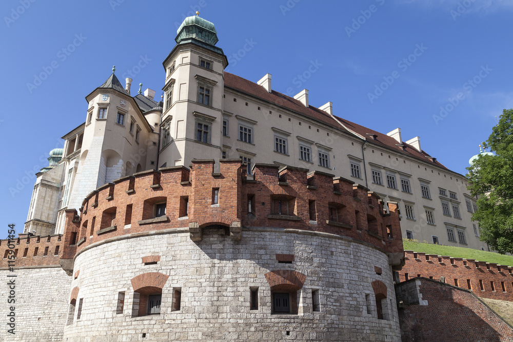 Wawel Royal Castle with defensive wall, Krakow, Poland