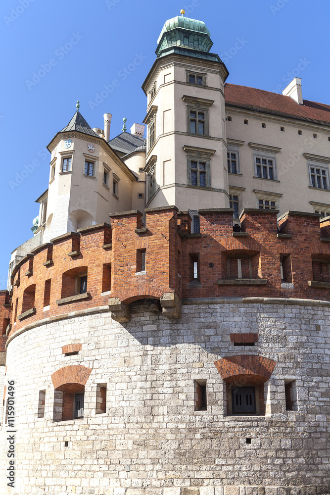 Wawel Royal Castle with defensive wall, Krakow, Poland
