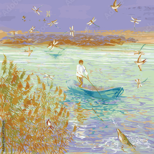 Fisherman in boat fishing.