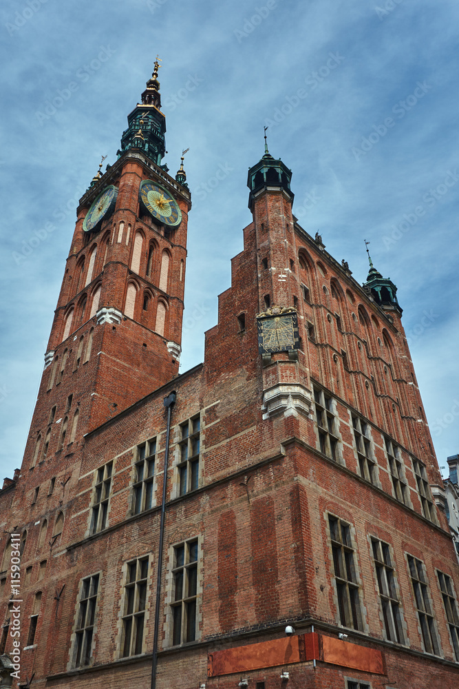 The historic town hall with clock tower of the Main City  in Gdansk in Poland.