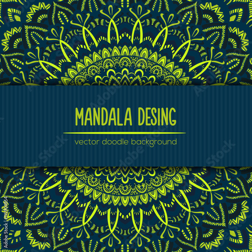 Vector vintage business card. Mandala design. Ornamental doodle background.