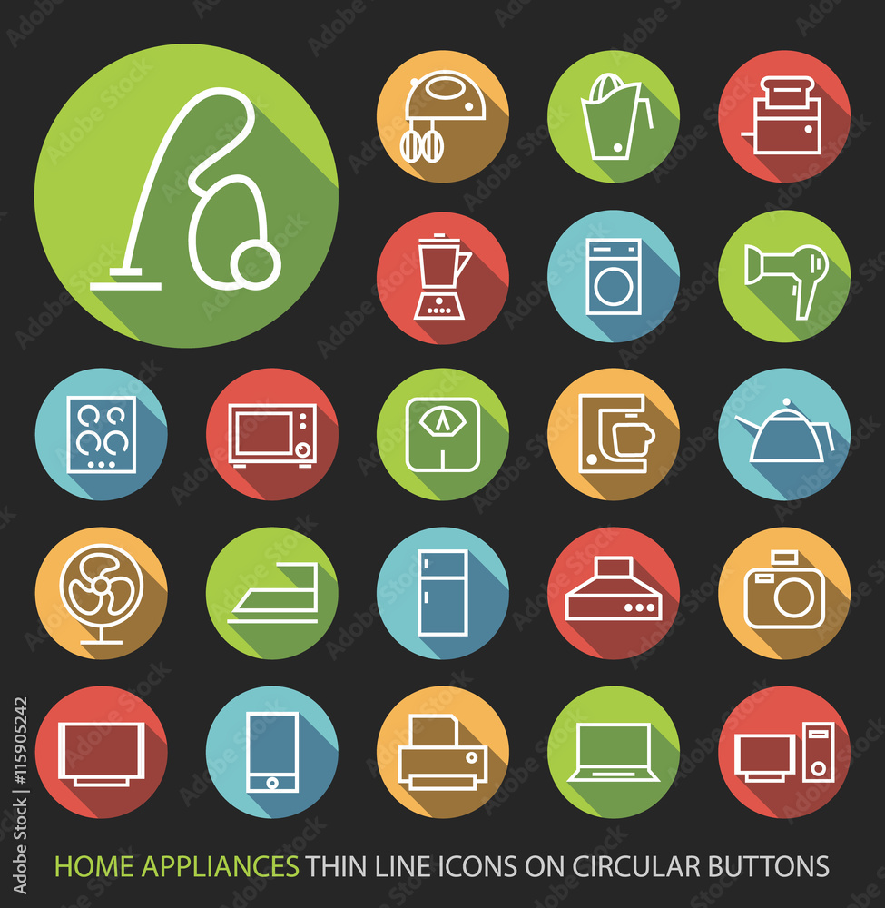 Set of Elegant Universal White Home Appliances Minimalistic Isolated Thin Line Icons on Circular Colored Buttons on Black Background. Set of Elegant Universal White Home Appliances Minimalistic Isolated Thin Line Icons on Circular Colored Buttons on Black Background.