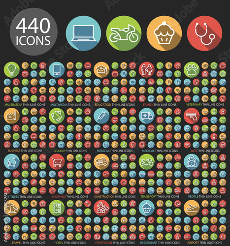 Set of 440 Universal Flat Minimalistic Elegant Standard Thin Line Icons on Circular Colored Buttons on Black Background.