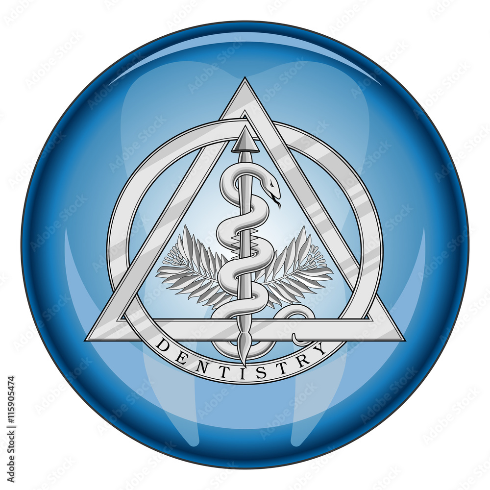 Dentistry Medical Symbol Button is an illustration of a silver dentistry or dental symbol in a