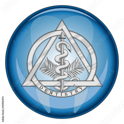 Dentistry Medical Symbol Button is an illustration of a silver dentistry or dental symbol in a shiny blue button shape.