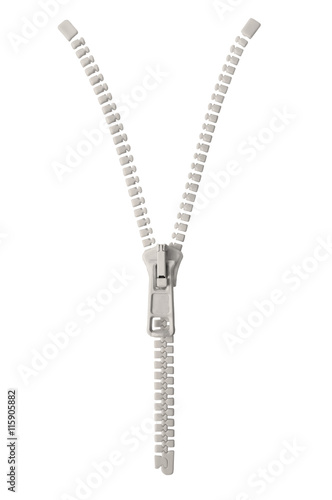 Open grey beige zipper pull concept unzip metaphor, isolated macro closeup detail, large detailed partially opened half zippered blank empty copy space, unzipped background, vertical studio shot