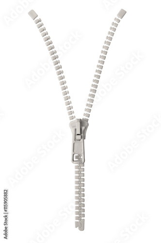 Obraz na plátne Open grey beige zipper pull concept unzip metaphor, isolated macro closeup detai