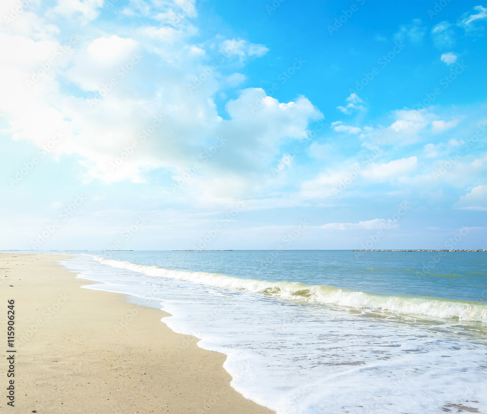 World environment day concept: Beach scene concept: Blue sky with clouds and tropical sea background