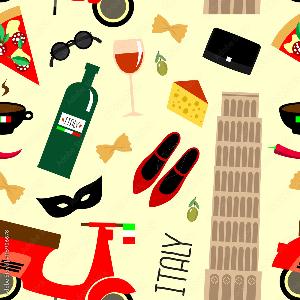 Italian symbols seamless pattern - Pisa tower, retro scooter, red wine,  coffee, pizza, pasta, cheese, fashion shoes. Summer Italian symbols  illustration on natural background. Travel concept. Stock Vector | Adobe  Stock