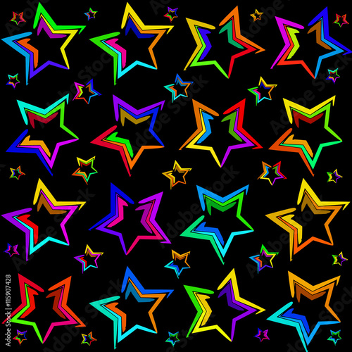 Neon bright stars. The pattern and the background of the stars on a black background
