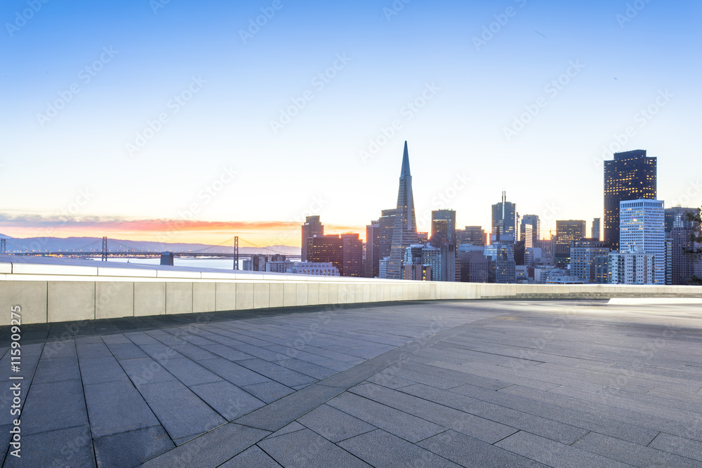 empty floor with cityscape and skyline of san francisco at sunri empty floor with cityscape and skyline of san francisco at sunri