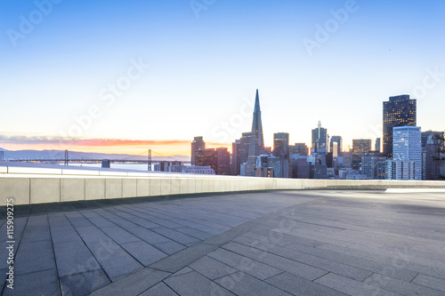 empty floor with cityscape and skyline of san francisco at sunri