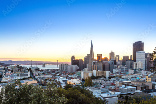 cityscape and skyline of san francisco at sunrise