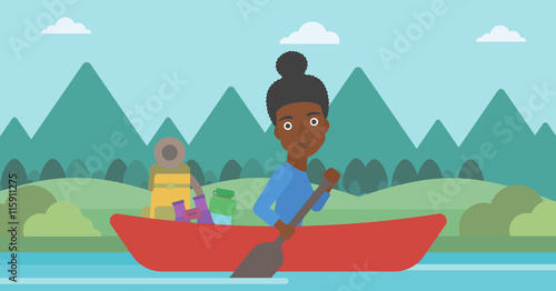 Woman riding in kayak vector illustration.