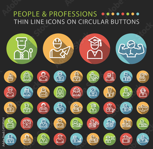 Set 45 Elegant Universal White People and Professions Minimalistic Thin Line Icons on Circular Colored Buttons on Black Background.